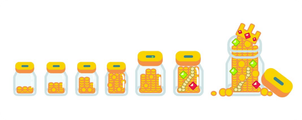 Frame 14 Incrementally sized pixelated jars containing coins called Attender Coins.