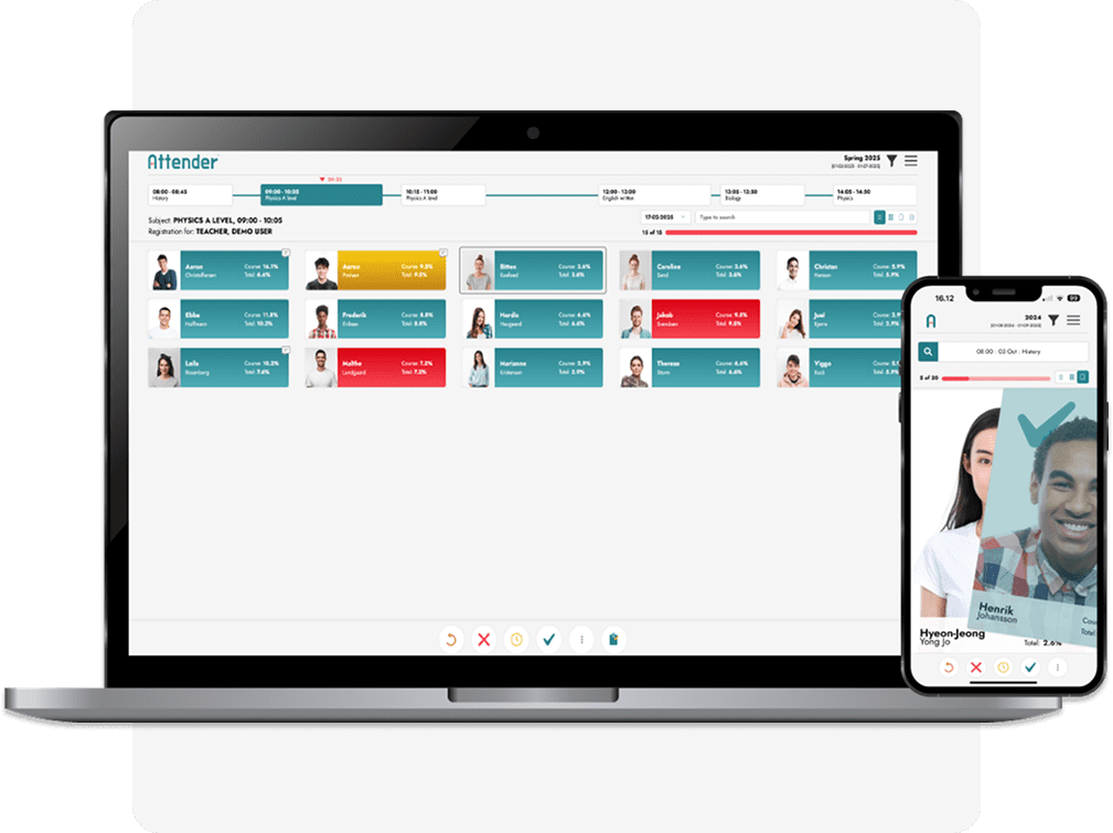 Attender on computer and phone Computer and smartphone showcasing ragistration interface.