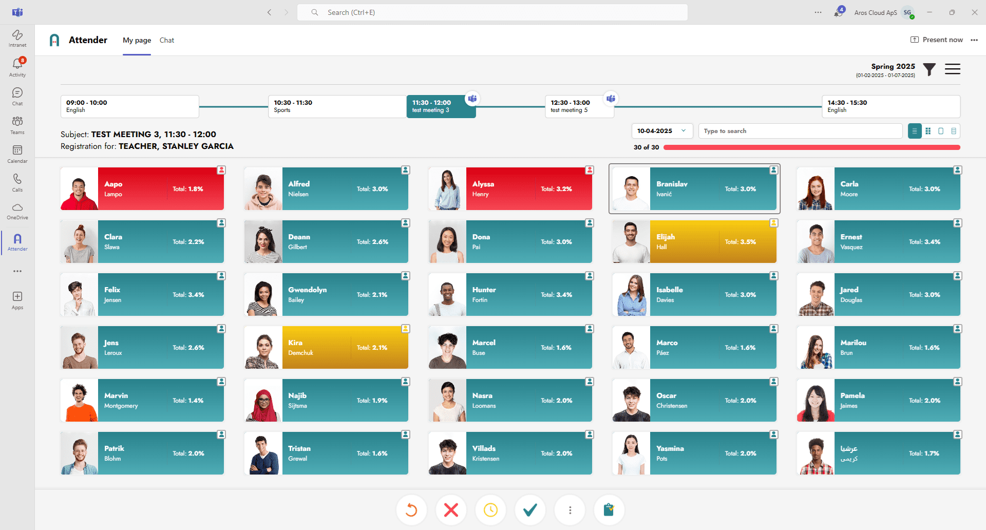 Attender Teams screen Listview of a class for attendance registration with Attender in Teams