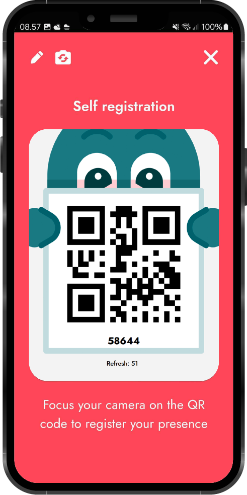 qr Mobile Screen for self-registration with a QR and a numerical code on a red background.